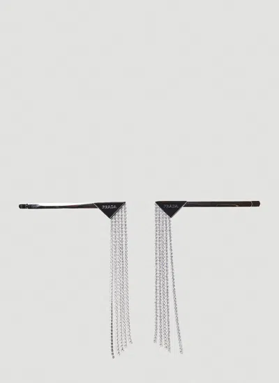 Prada Women Set Of Two Logo Plaque Crystal Hair Slides