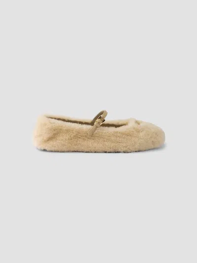 Prada Women's Shearling Ballerinas In Beige Khaki