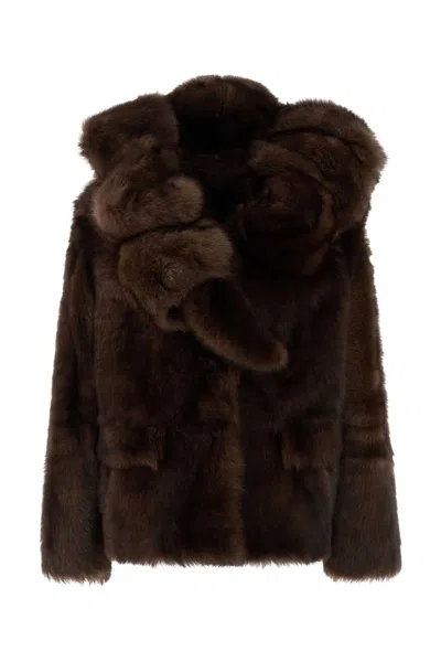 Prada Luxurious Fur Hooded Jacket With Long Sleeves In Brown