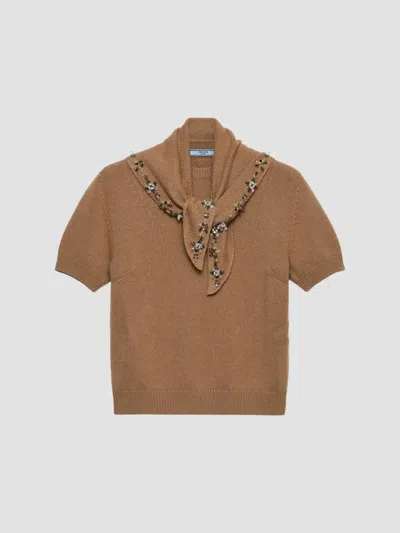 Prada Women's Short-sleeved Cashmere Sweater In Brown