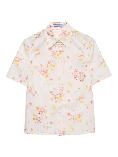 PRADA WOMEN'S SHORT-SLEEVED FLORAL PRINT POPLIN SHIRT