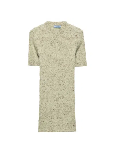 Prada Wool And Linen Short-sleeve Sweater In Neutral