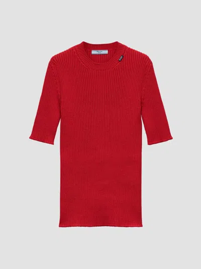 Prada Women's Short-sleeved Ribbed Knit Wool Sweater In Red