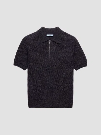Prada Women's Short-sleeved Wool And Mouliné Cashmere Polo Sweater In Brown