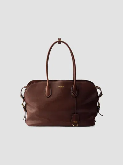 Prada Women's Signet Large Leather Tote Bag In Brown