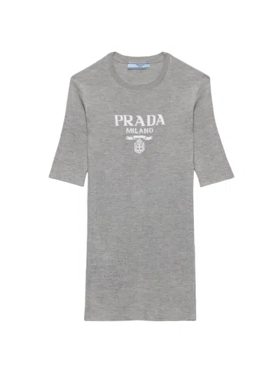 Prada Women's Silk Crewneck Sweater With Logo In Gray