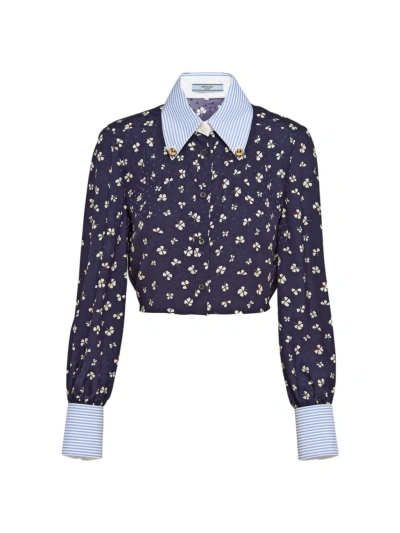 Prada Mixed-print Crop Button Down Silk Shirt In Blue