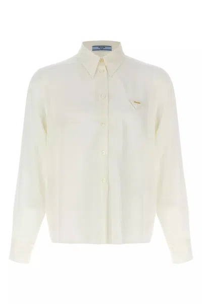 Prada Women Silk Logo Shirt In White