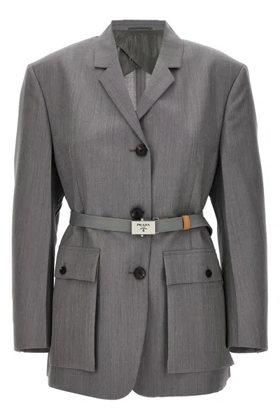 Prada Single-breasted Belted Blazer In Grey