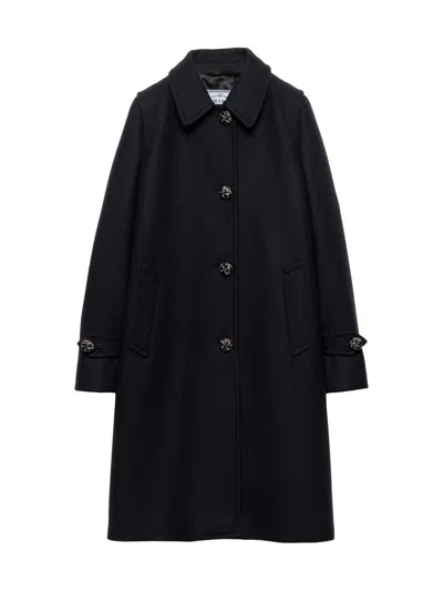 Prada Wool Blend Coat Collared Long Length Pockets In Black