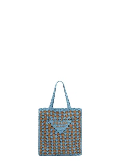 PRADA WOMEN'S SKY BLUE/CARAMEL CROCHET TOTE BAG WITH LOGO | 1BG393OOB2CQ2 COLOR F04F4