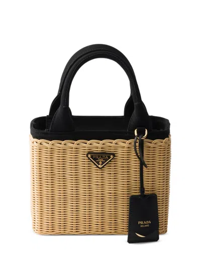Prada Small Wicker And Canvas Tote Bag In Brown
