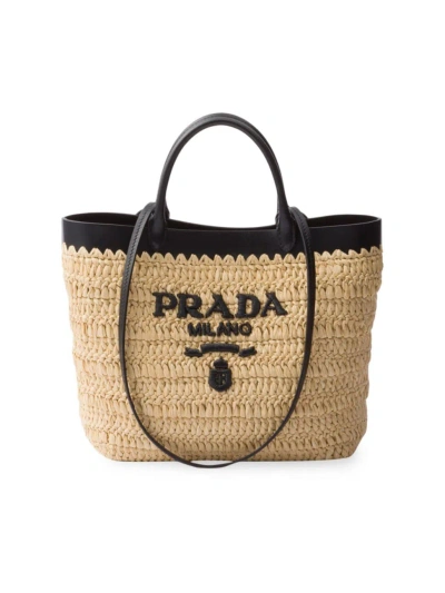 Prada Leather-trimmed Woven Tote Bag In Neutral