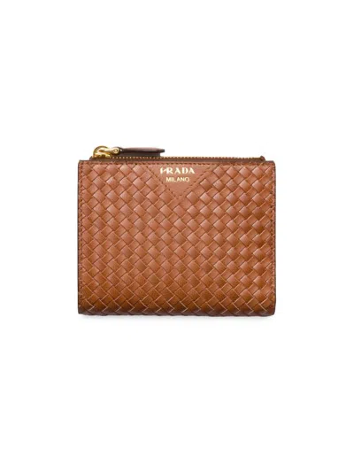Prada Women's Small Woven Madras Leather Wallet In Brown