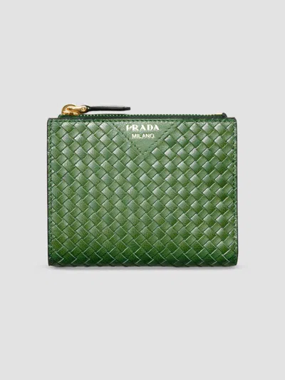 Prada Women's Small Woven Madras Leather Wallet In Green