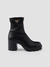 Prada Stretch Leather Platform Ankle Boots In Black