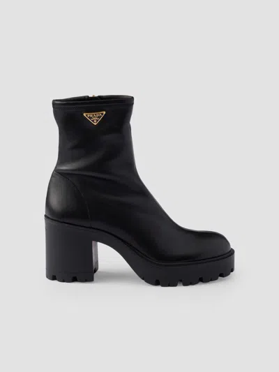 Prada Stretch Leather Platform Ankle Boots In Black