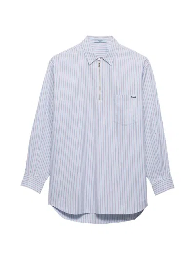 Prada Women's Striped Cotton Shirt With Half-zipper In Blue