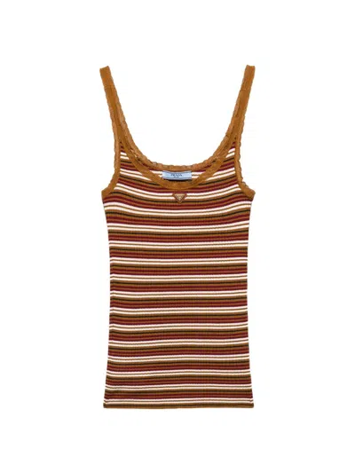 Prada Womens Brown Striped Brand-plaque Cotton Vest Top In Multi