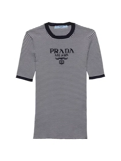 Prada Women's Striped Silk Crew-neck Sweater In Blue