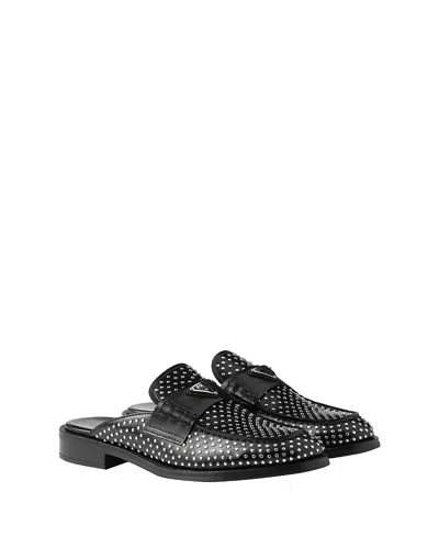 Prada Studded Brushed Leather Mules In ブラック