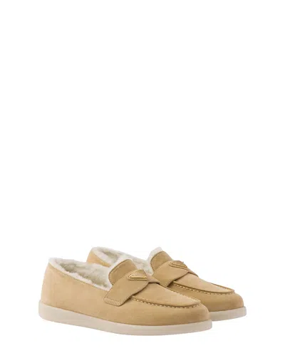 Prada Women's Suede And Shearling Loafers In Neutral
