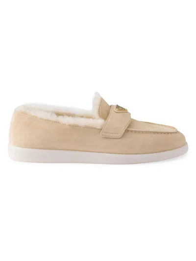Prada Women's Suede And Shearling Loafers In Neutral