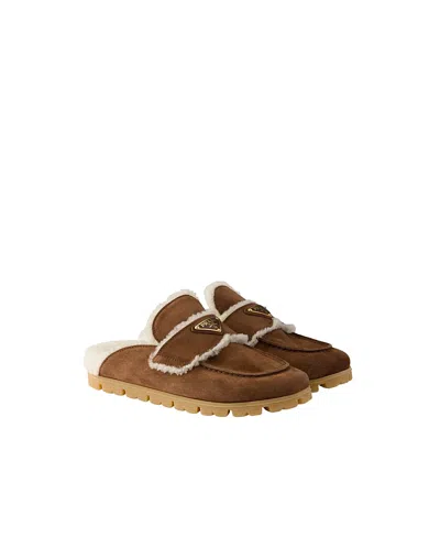 PRADA WOMEN'S SUEDE AND SHEARLING MULES