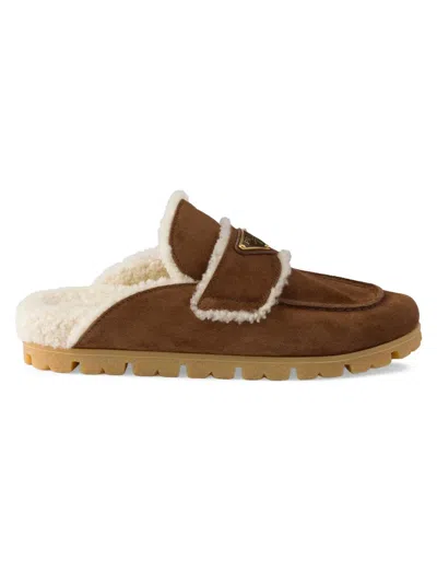 Prada Women's Suede And Shearling Mules In Brown