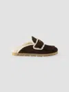 Prada Shearling-trim Logo-plaque Suede Mules In Multi