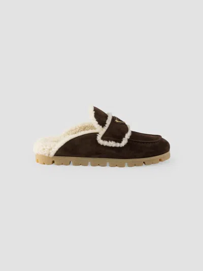 PRADA WOMEN'S SUEDE AND SHEARLING MULES