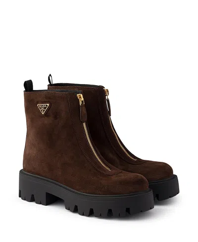 Prada Women's Suede Booties With Zip In Brown