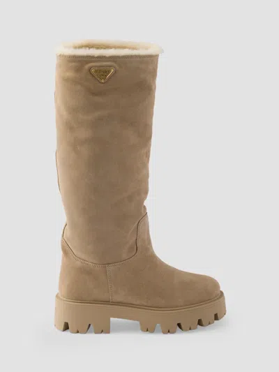 Prada Women's Suede Boots In Beige Khaki
