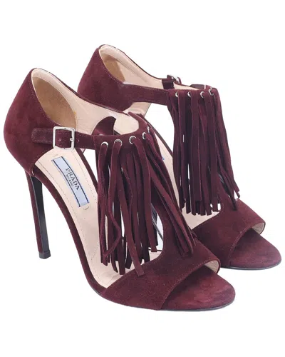 Prada Women's Suede Fringed Sandal Heel (authentic Pre-loved) In Burgundy
