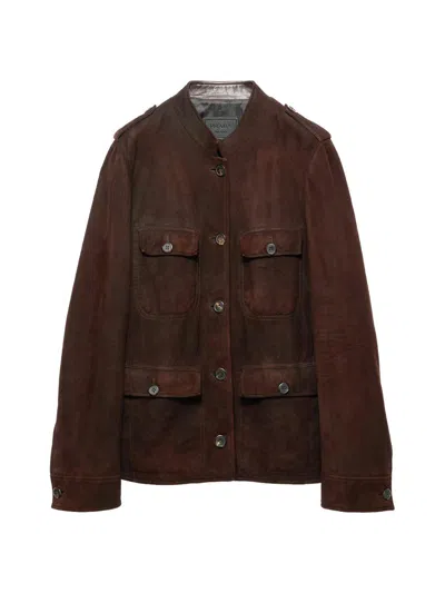 Prada Shearling Coat Epaulettes Stand Collar Pockets In Brown