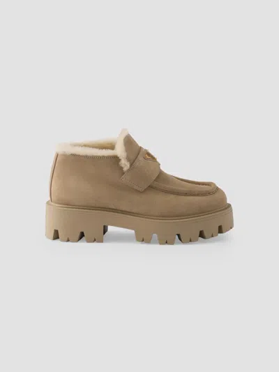 Prada Women's Suede Loafers In Beige Khaki