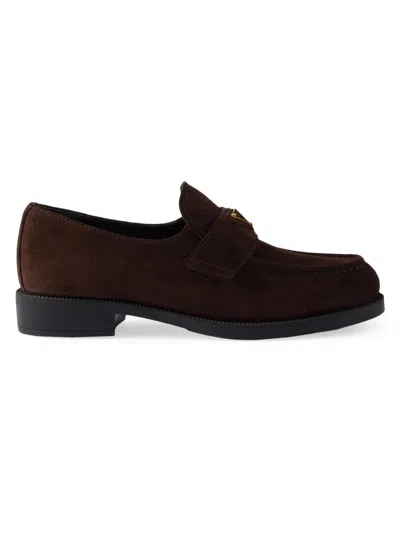 Prada Dark Brown Suede Loafers In Multi