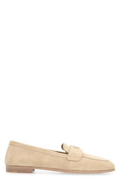Prada Suede Logo Loafers In Beige