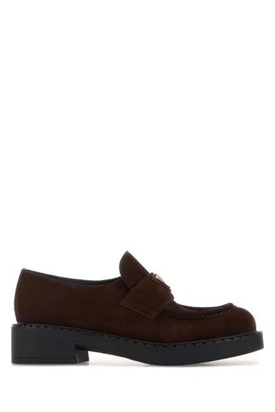 Prada Women's Suede Loafers In Calf Leather In Brown
