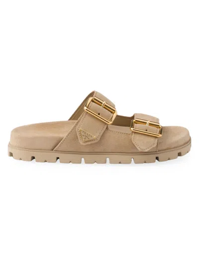 Prada Suede Double-buckle Slide Sandals In Beige Khaki