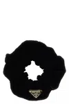 Prada Gathered Black Scrunchie With Triangular Logo Patch In Black