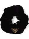 Prada Gathered Black Scrunchie With Triangular Logo Patch In Black
