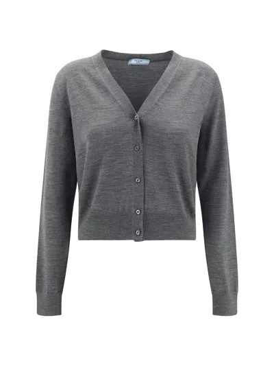 Prada Women Virgin Wool Cardigan In Gray