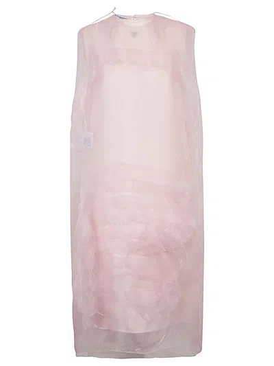 Prada Sheer Overlay Crew Neck Midi Dress In Pink