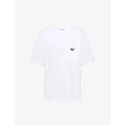 Prada Womens White Logo-plaque Patch-pocket Cotton-jersey T-shirt