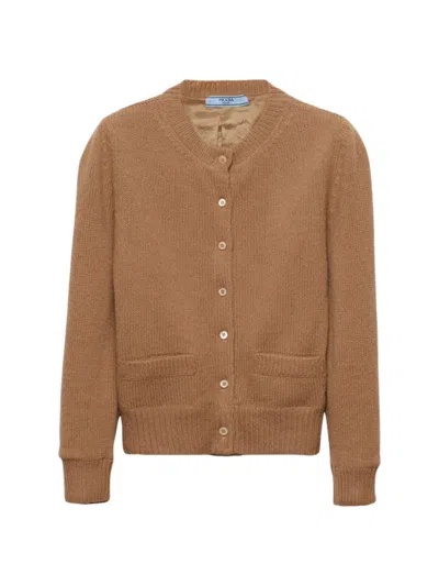 Prada Round-neck Wool-knit Cardigan In Brown