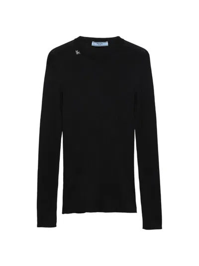 Prada Ribbed Knit Wool Crewneck Sweater Clothing In Black