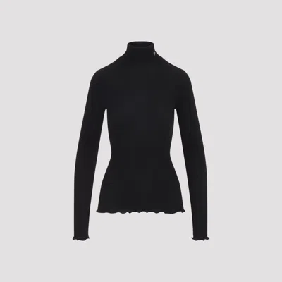 Prada Ribbed Knit Turtleneck Top Wool Silk In Black