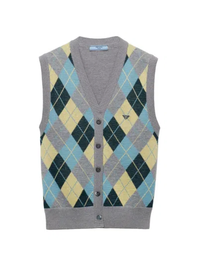 Prada Jacquard Argyle Superfine Wool Vest In Grey