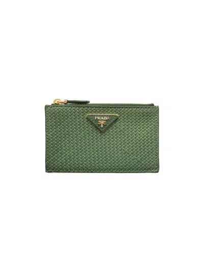 Prada Women's Woven Madras Leather Card Holder In Green